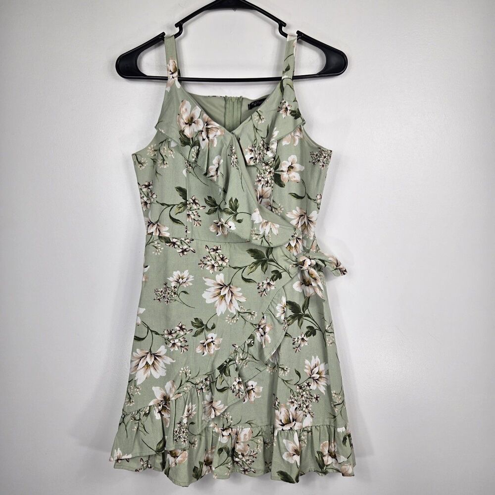 Xtraordinary Junior's Women's Size 14‎ Green Faux Wrap Linen Blend Dress